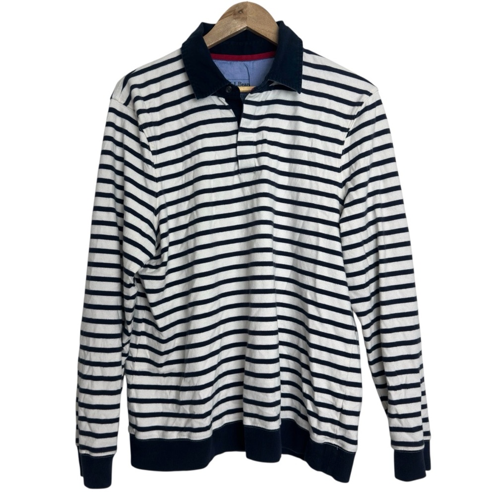 LL Bean Mens Polo Shirt Striped Long Sleeve Cotton Rugby Heritage Collegiate